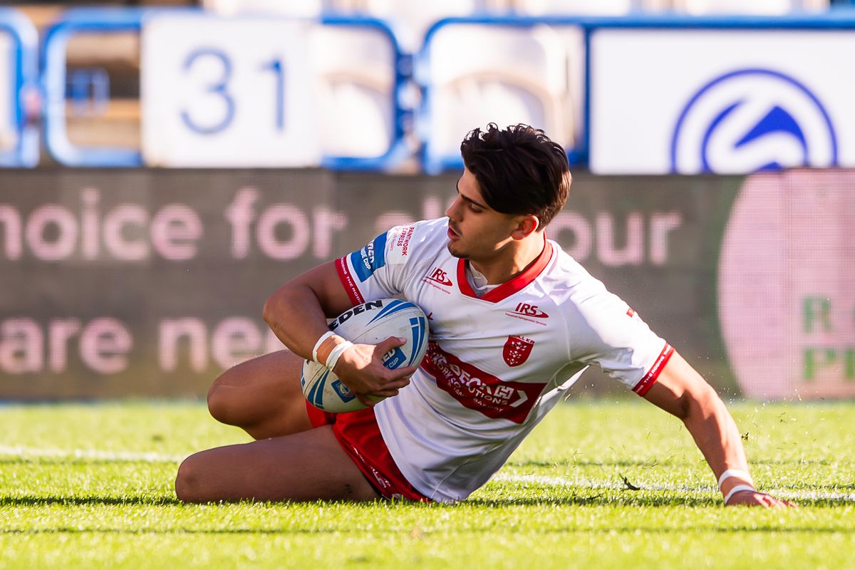 Hull KR's Bill Leyland scores a try against Huddersfield Giants in the Challenge Cup.