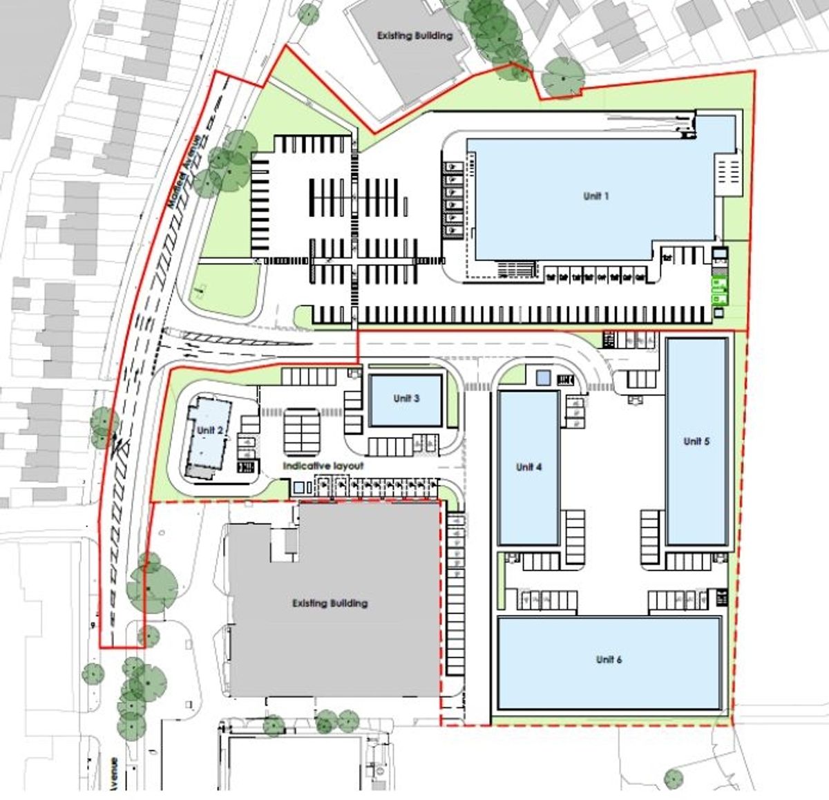 An indicative masterplan of the Marfleet Lane site with the Lidl (Unit 1) to the North
