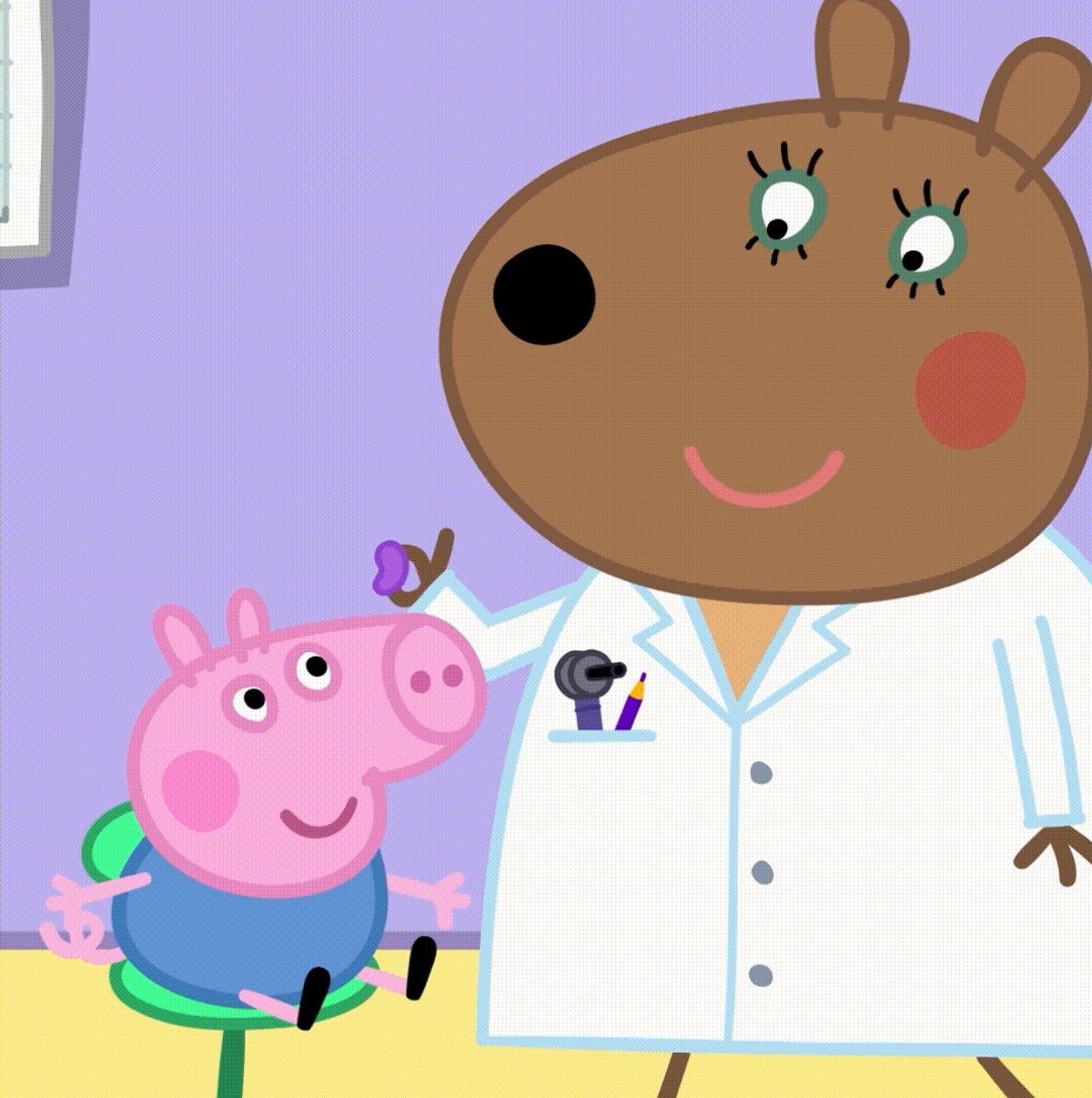 Undated handout image issued by Milkshake of George Pig (left) and an audiologist voiced by Jodie Ounsley. The athlete, who was born deaf, said she was 'so grateful' to be involved in the storyline. Issue date: Thursday February 5, 2026. PA Photo. Photo credit should read: Milkshake/PA Wire NOTE TO EDITORS: This handout photo may only be used for editorial reporting purposes for the contemporaneous illustration of events, things or the people in the image or facts mentioned in the caption. Reuse of the picture may require further permission from the copyright holder.