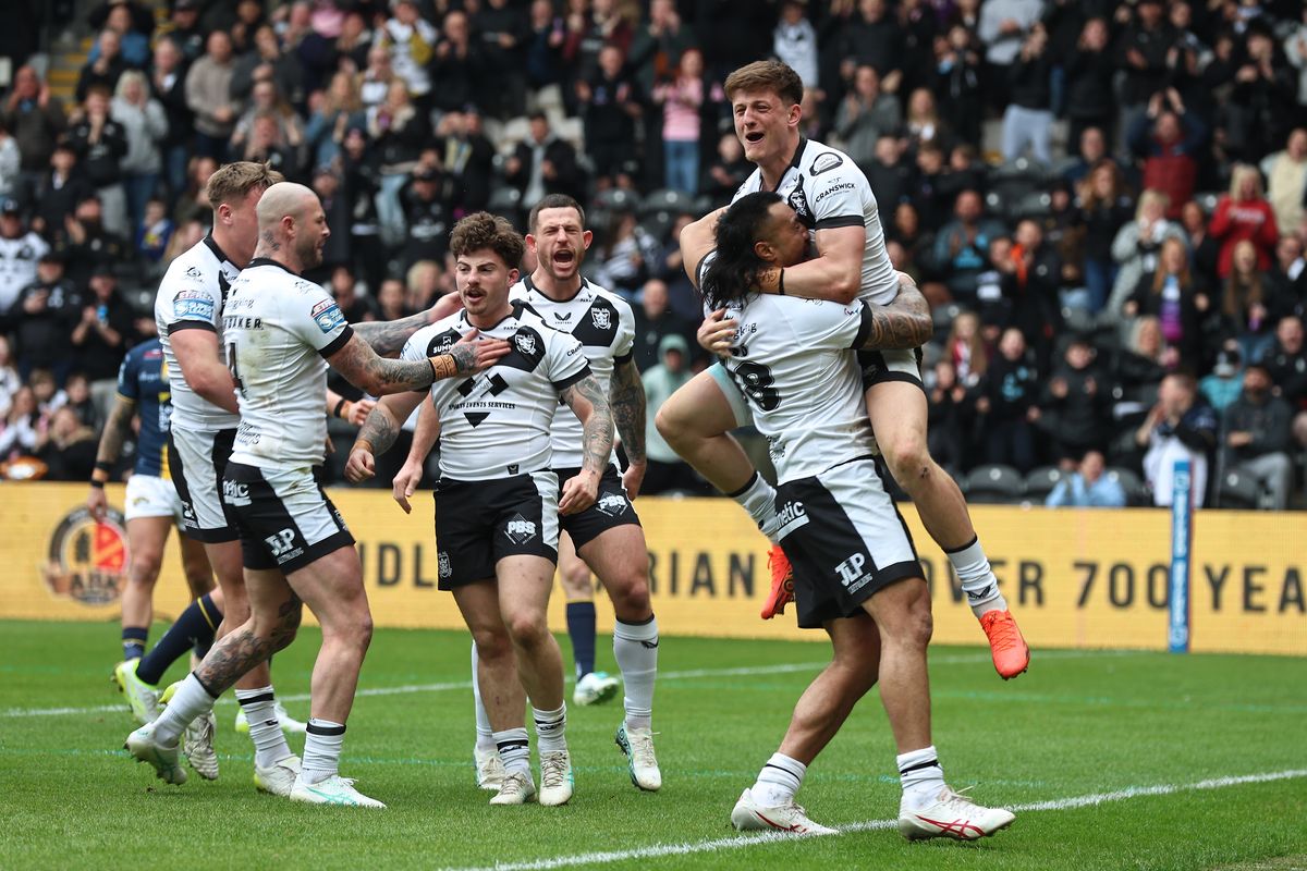 Hull FC celebrate Ligi Sao's try. 