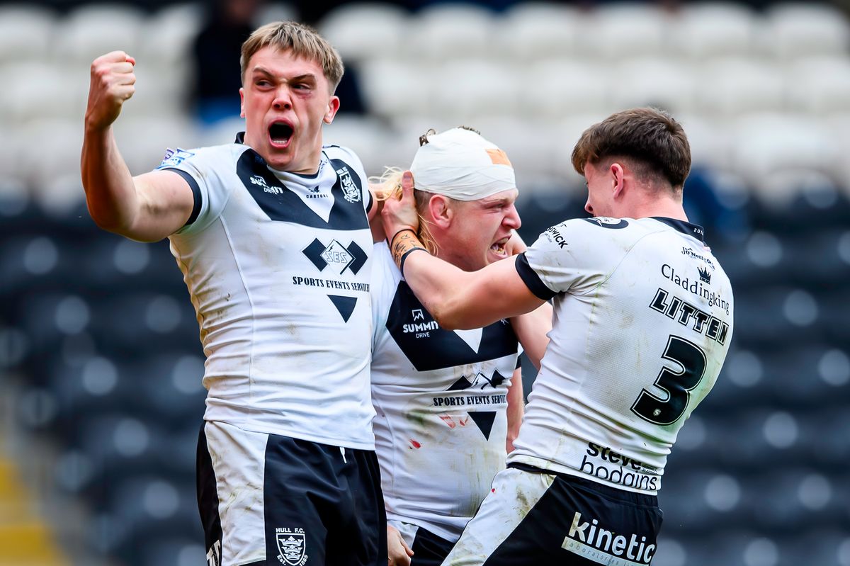 Hull FC's Harvie Hill, Brad Fash & Davy LItten celebrate victory over Leeds.