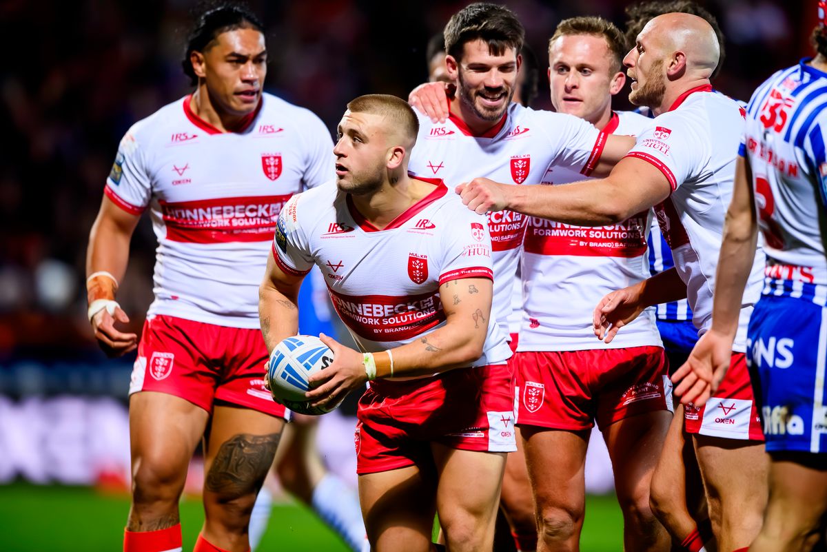 Mikey Lewis celebrates his first try against St Helens at Sewell Group Craven Park.