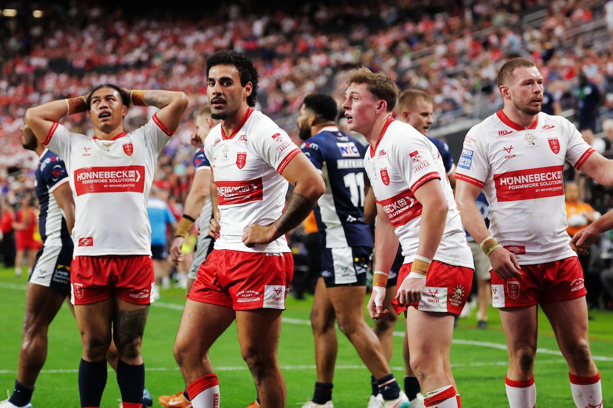 Tyrone May of Hull KR reacts after Leeds’ second try of the match