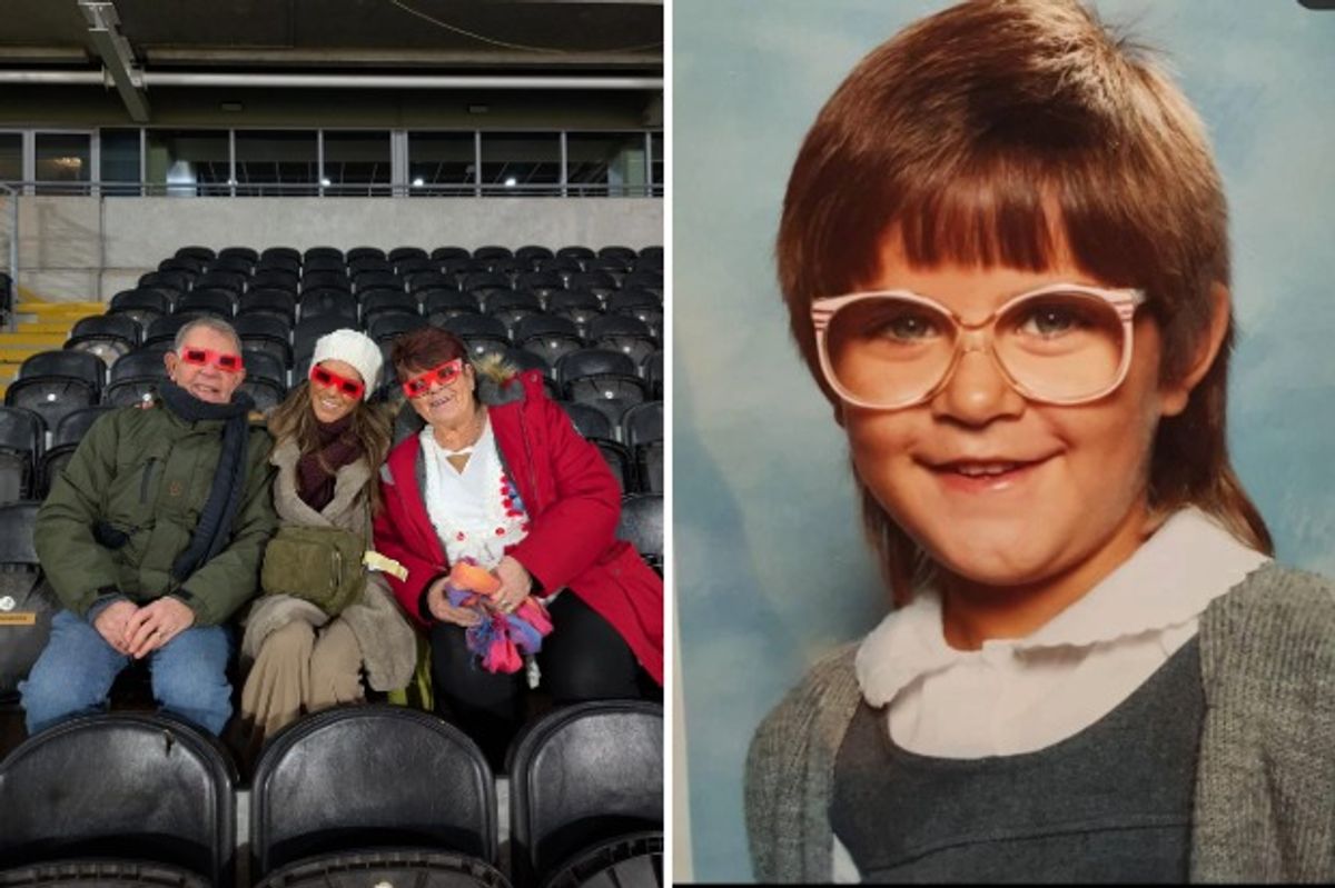 Gemma Oaten at the Specsavers-supported Hull KR vs Brisbane Broncos match at the MKM Stadium, with her mum and dad, Marg and Dennis Oaten; Gemma as a child when she was helped to 'feel cool' wearing glasses