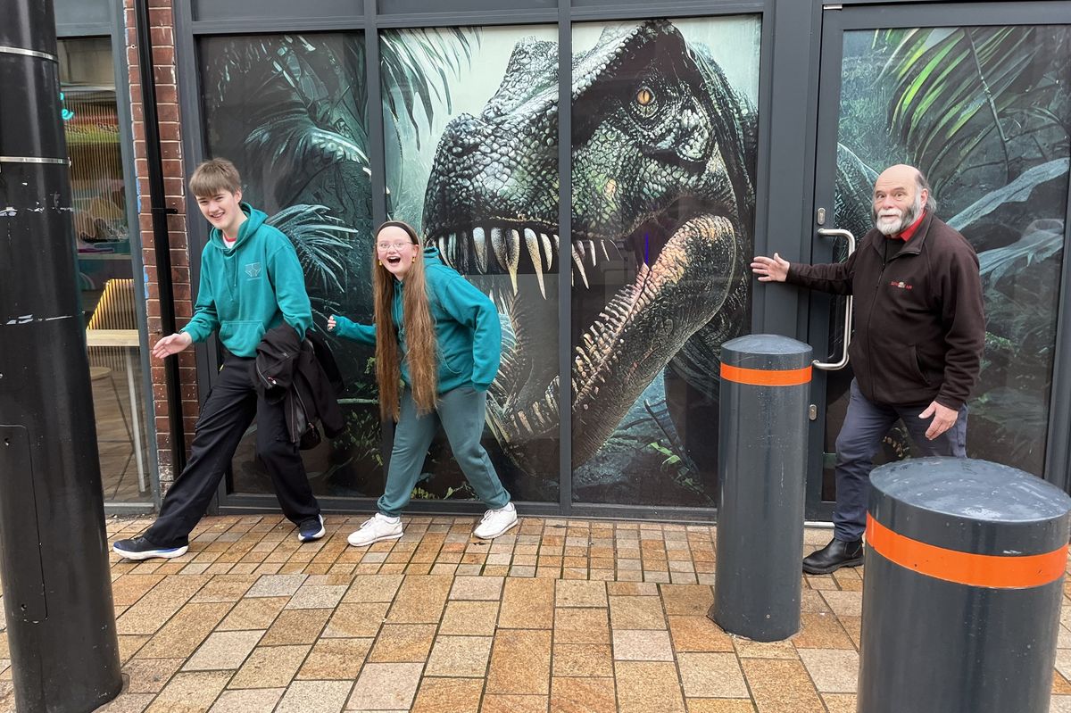 Joe Stuckey and Lilly Duffill, students from the Creative Briefs' Junior Design Factory programme, with Dinostar owner Steve Plater