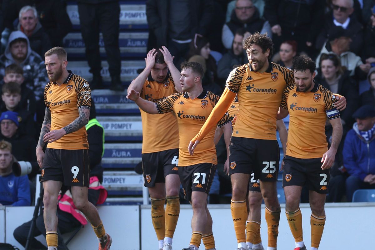 Hull City's Matt Crooks celebrates the winning goal at Fratton Park
