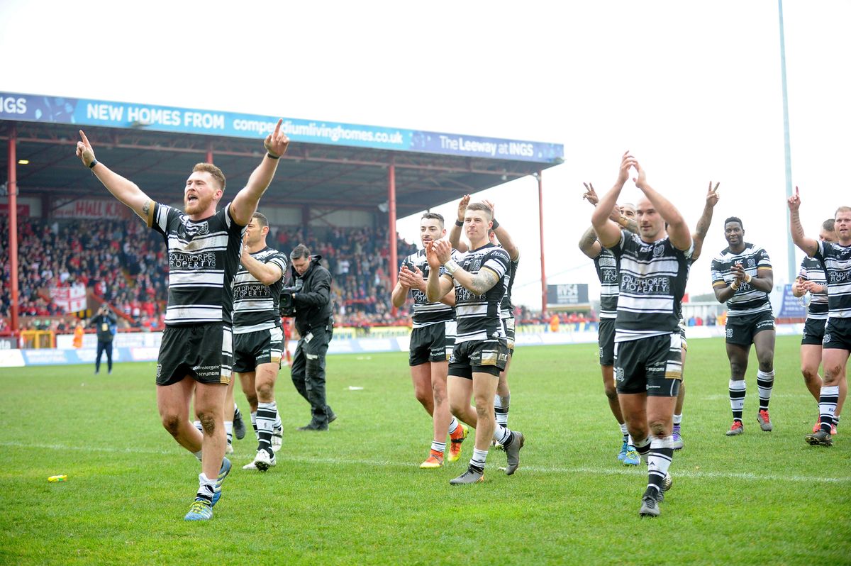 Hull FC players celebrating the win at Hull KR