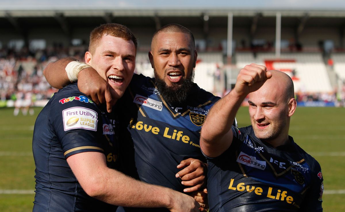 FAMOUS COMEBACK: Hull FC's Scott Taylor, Frank Pritchard and Danny Houghton celebrate victory over Hull KR in 2016.
