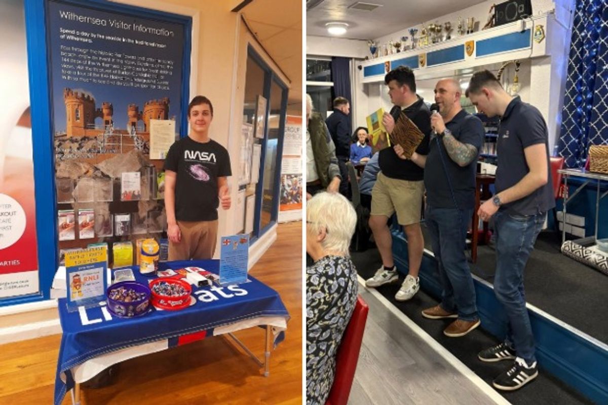 Withernsea teenager Alfie Palmer manning a fundraising stall; members of Withernsea RNLI crew, from left, James Medcalf, Darren Hickey and Caden Bates, at the community raffle draw at Withernsea Boating Social Club
