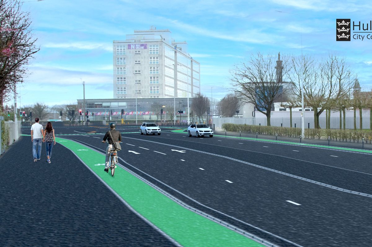 An artist’s impression of how the new off-road cycle scheme could look on Freetown Way, Hull