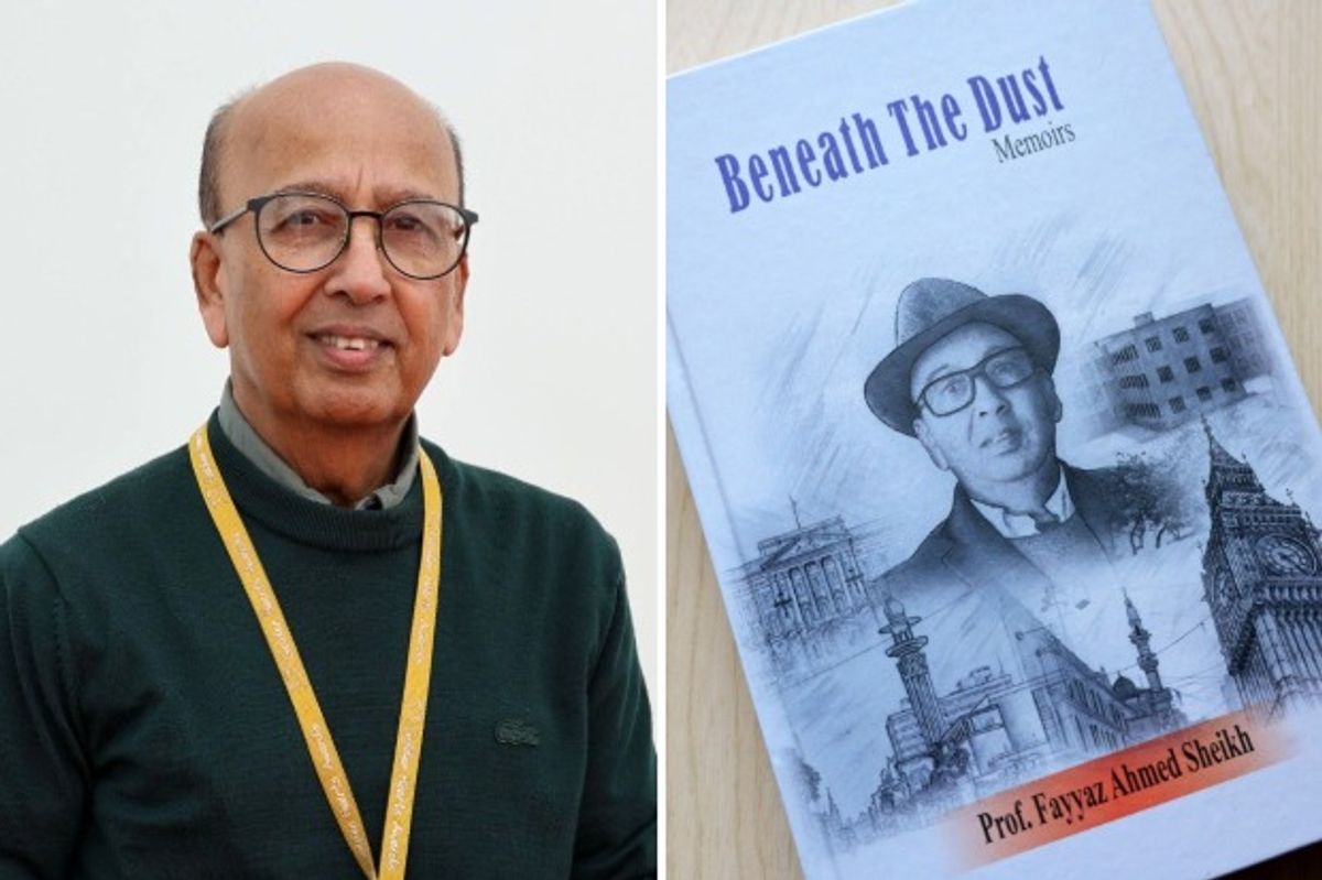 Professor Fayyaz Ahmed and a copy of his memoirs, Beneath the Dust