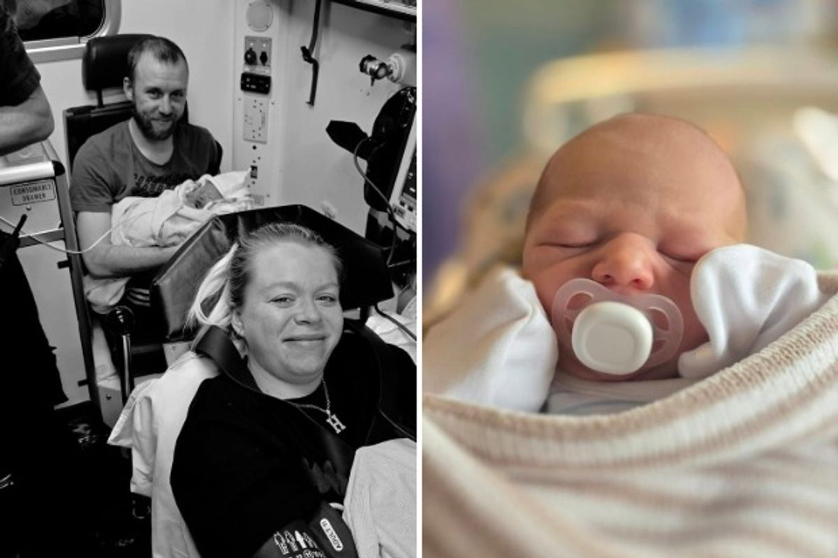 New parents Hollie Fawcett and TJ Holland with baby Oliver on their way to hospital for checks after his unscheduled arrival at home in Beverley; a contented baby Oliver