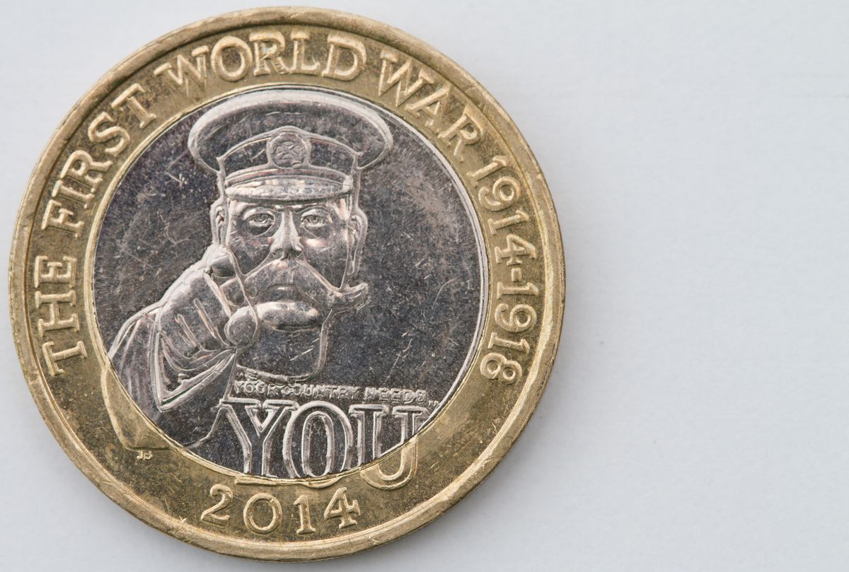 British £2 coin commemorating the centenary of the outbreak of the First World War in 1914.