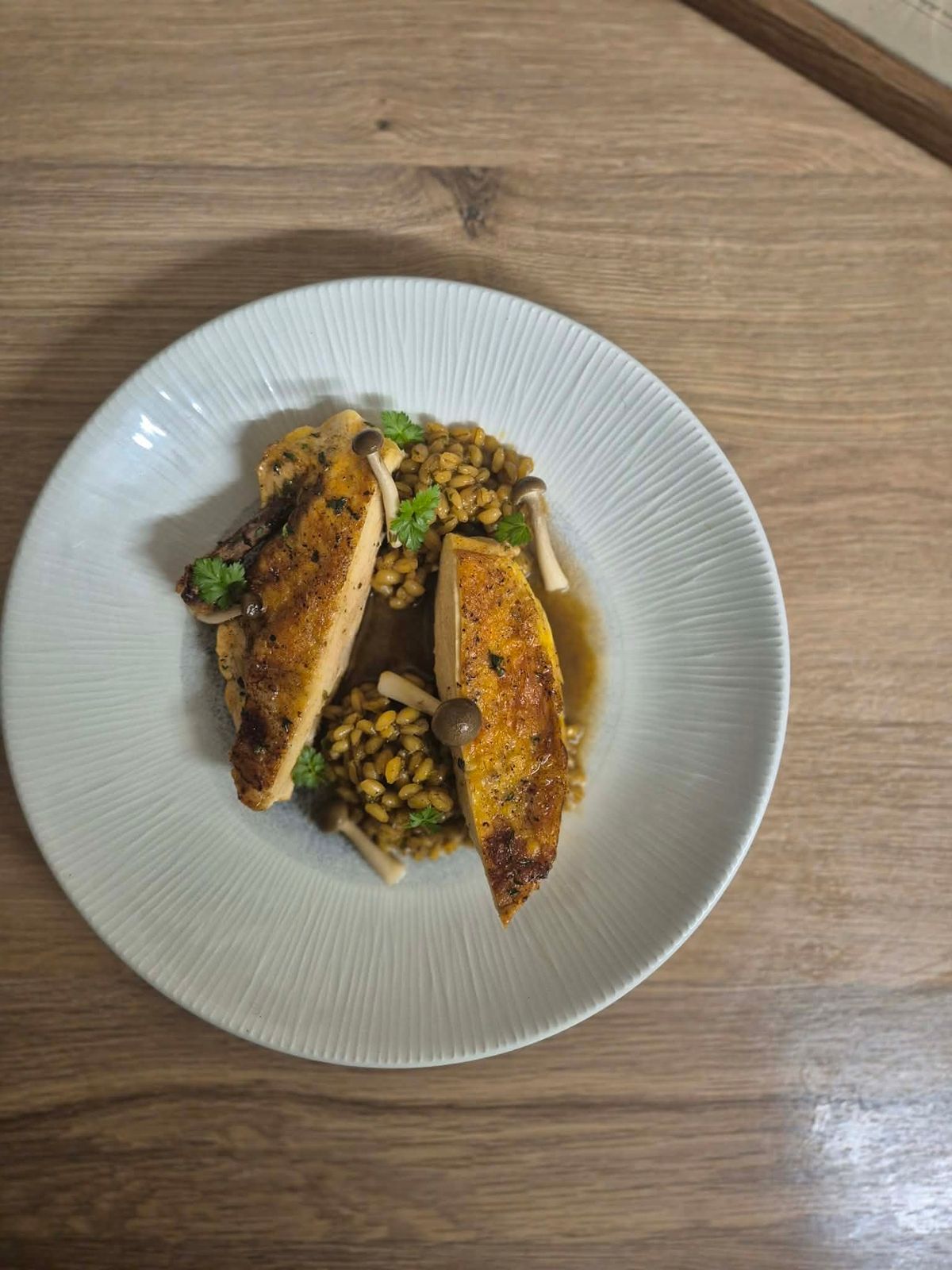 Corn-fed chicken with barley risotto