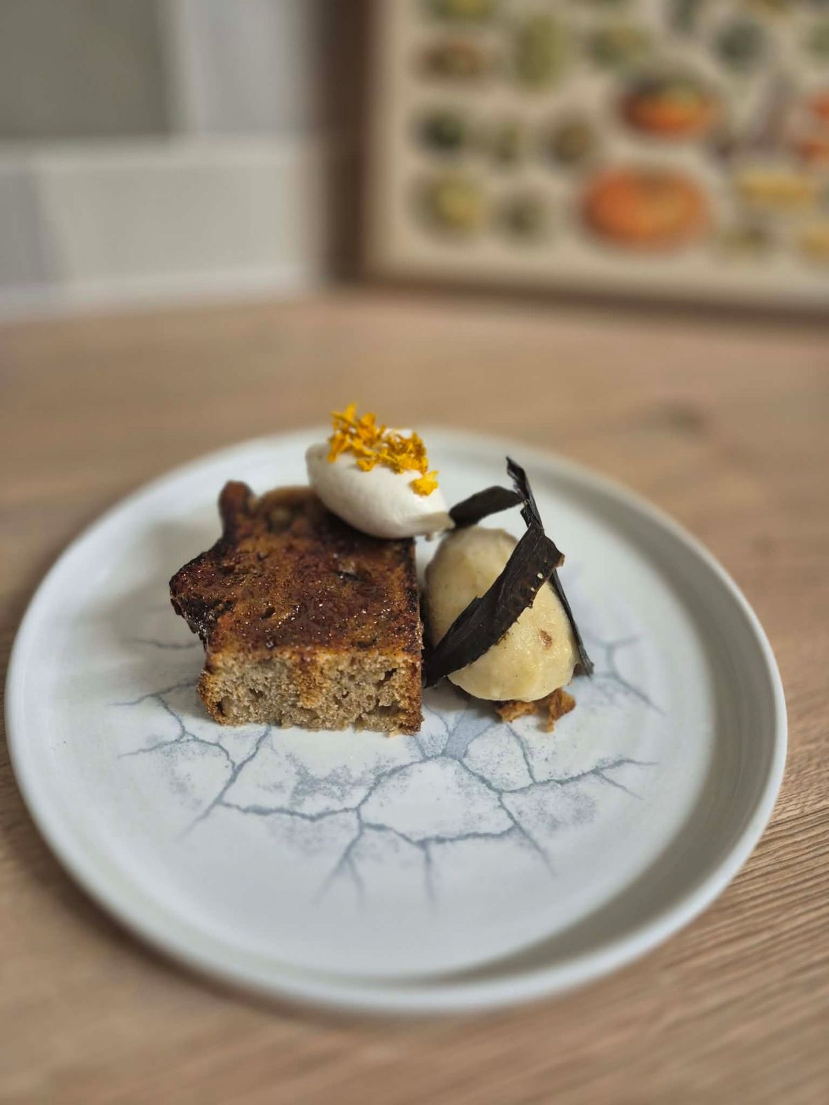 Caramelised banana bread with mascarpone and banana sorbet