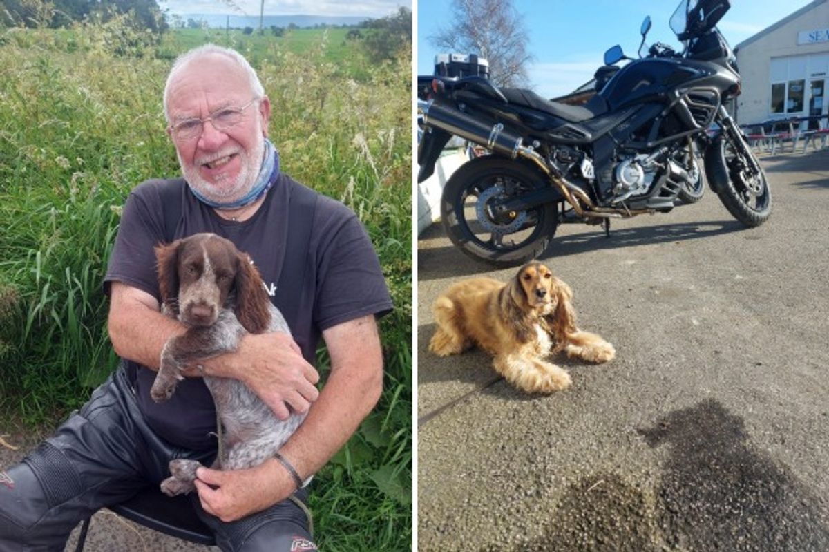 Derek Archer pictured with a puppy he met on his biking travels, and Derek's own beloved dog, Amber, outside the Seaways Café they regularly frequented at Fridaythorpe