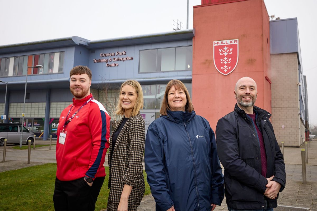 14/04/26 - Willerby has teamed up with Hull KR for a charity parking initiative which will benefit Dove House Hospice and HEY Children’s University. From left, Hull KR’s Ticketing Manager, Harry Spillings; HEY Children’s University’s Head of Development, Sarah Brodie; Willerby’s Head of Health, Safety and Environment Helen Capps; and Dove House Hospice’s Partnership Development Fundraiser, Jonny Bottomley, are pictured at the home of Hull KR, Sewell Group Craven Park stadium.
