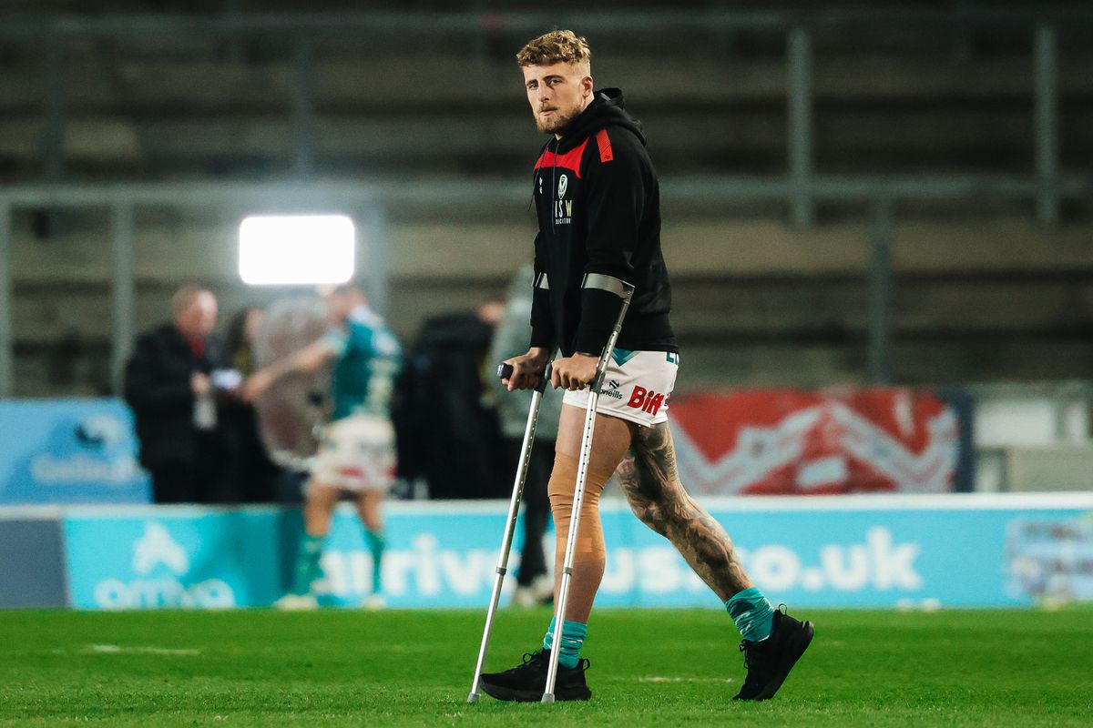 St Helens' Jake Wingfield in crutches after his side's Challenge Cup win over Catalans Dragons.