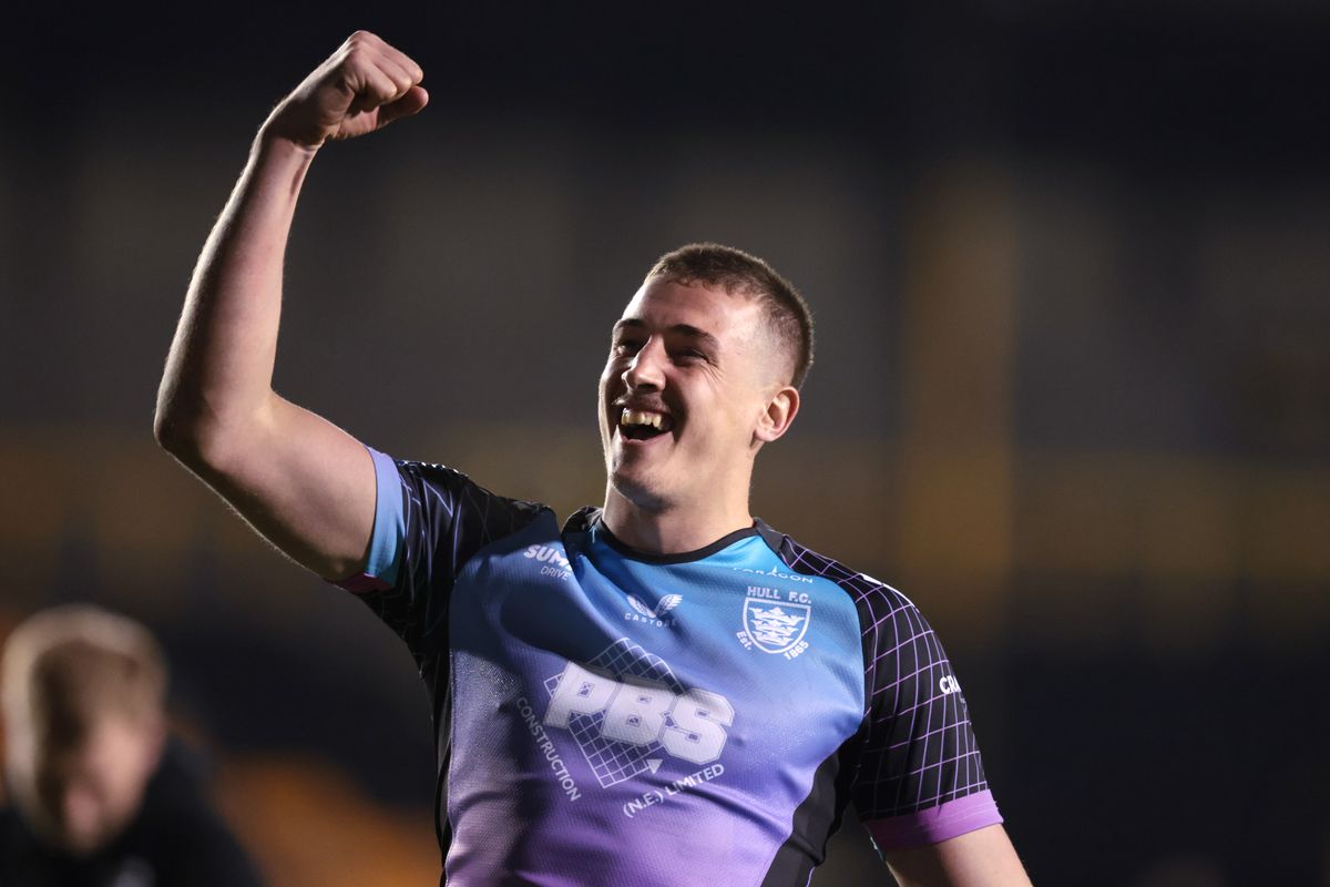 Hull FC's Jake Arthur celebrates at the end of the match.