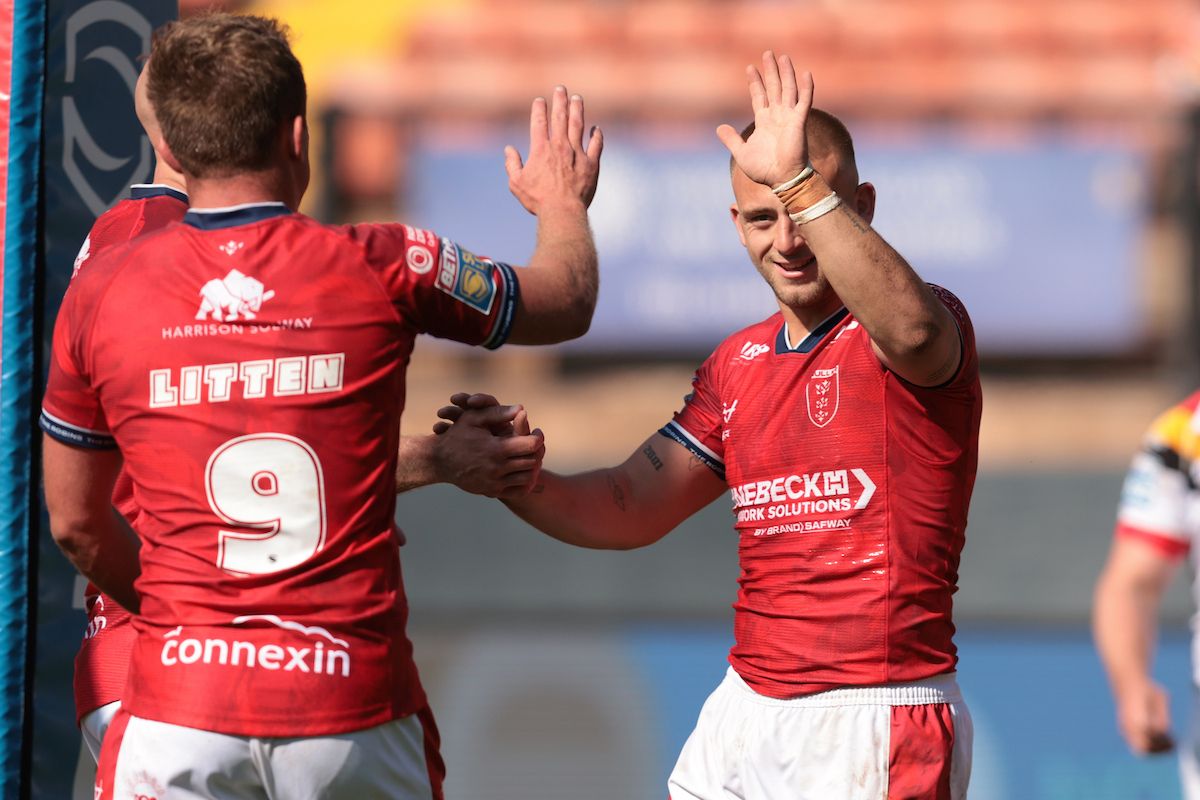 Hull KR'S Mikey Lewis celebrates scoring a try at Bradford Bulls