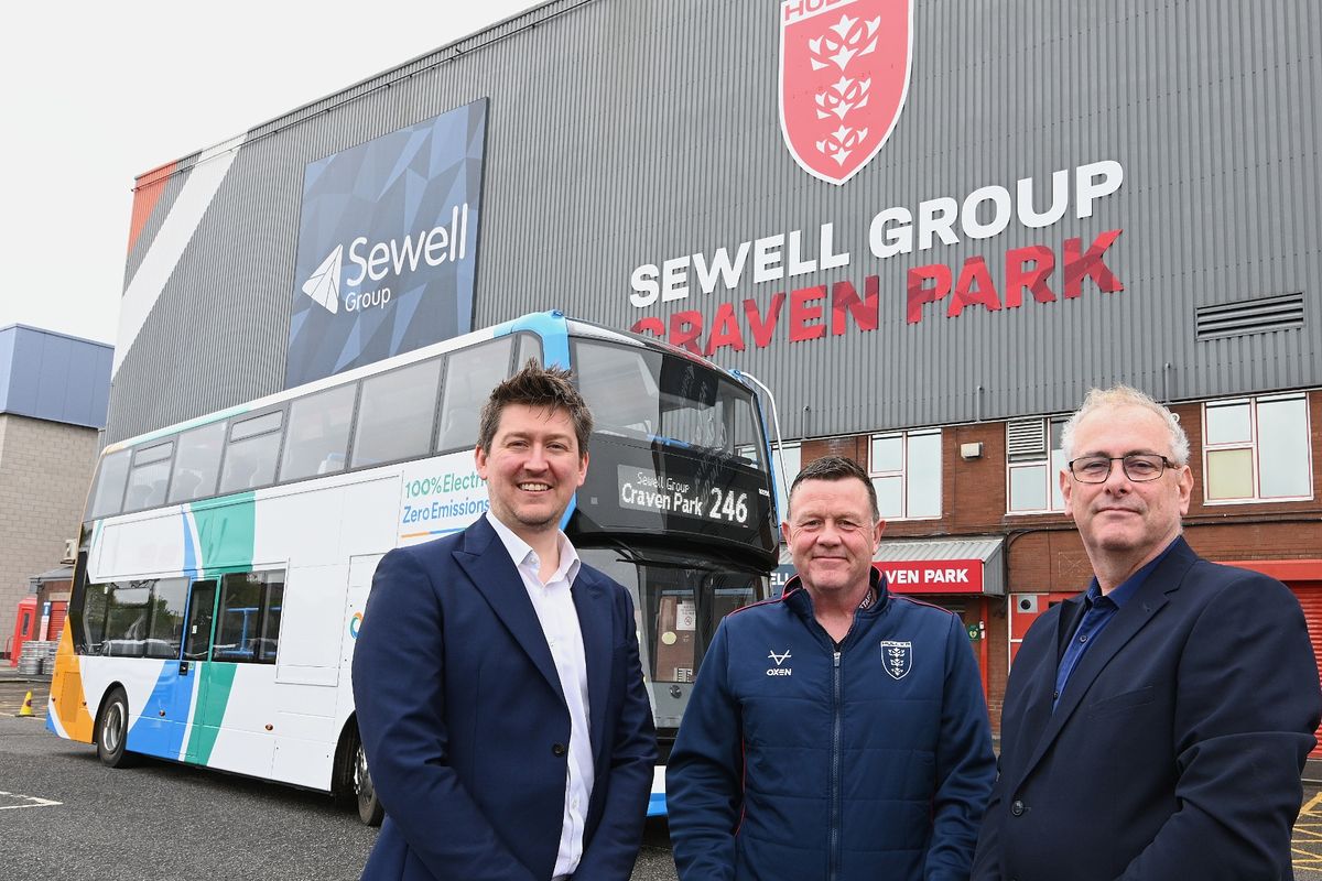 The new 246 service outside Sewell Group Craven Park, Hull, with, from left, Chris Jackson of Hull City Council, Phil Stow of Hull KR and Jon Donnelly, Commercial Manager at Stagecoach East Midlands