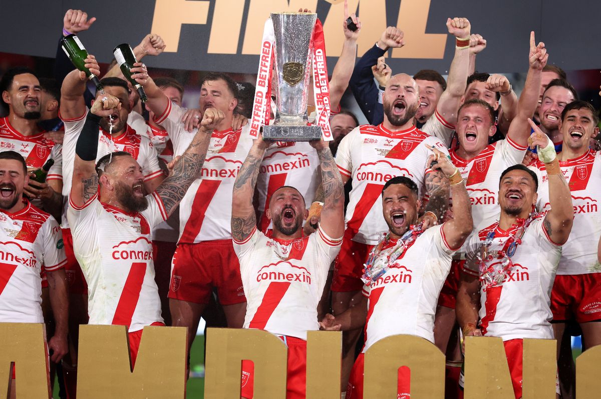 Hull KR celebrate their Super League Grand Final victory over Wigan Warriors at Old Trafford, Manchester, on October 11, 2025