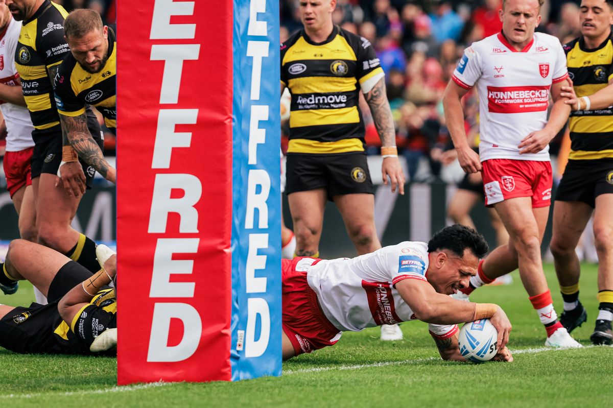 Hull KR powerhouse prop Sauaso Sue scores against York Knights in the Challenge Cup.