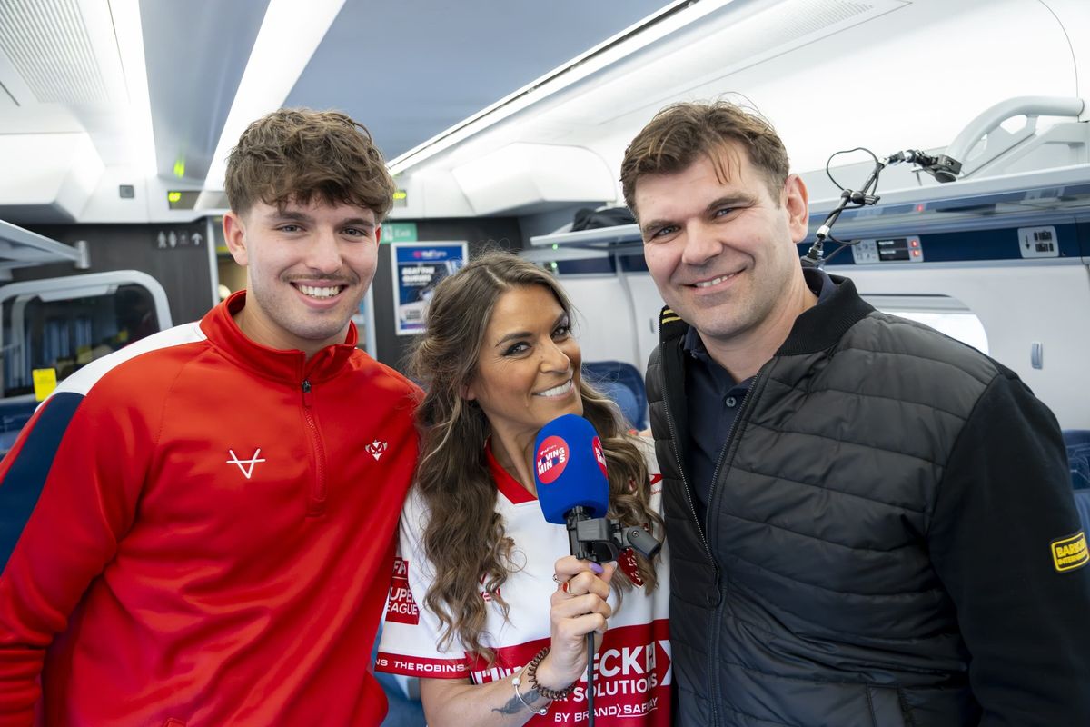 27/04/26 - Hull Trains’ groundbreaking mental health podcast is shining a spotlight on men’s mental health with a new episode released today featuring two Hull KR rugby players. Legendary former captain Chris Charles and his son Jack, a promising young halfback, are joining host Gemma Oaten to discuss how they cope with the challenges of the sport and the changing attitudes towards men’s mental health over the years. From left, Jack Charles, Gemma Oaten and Chris Charles