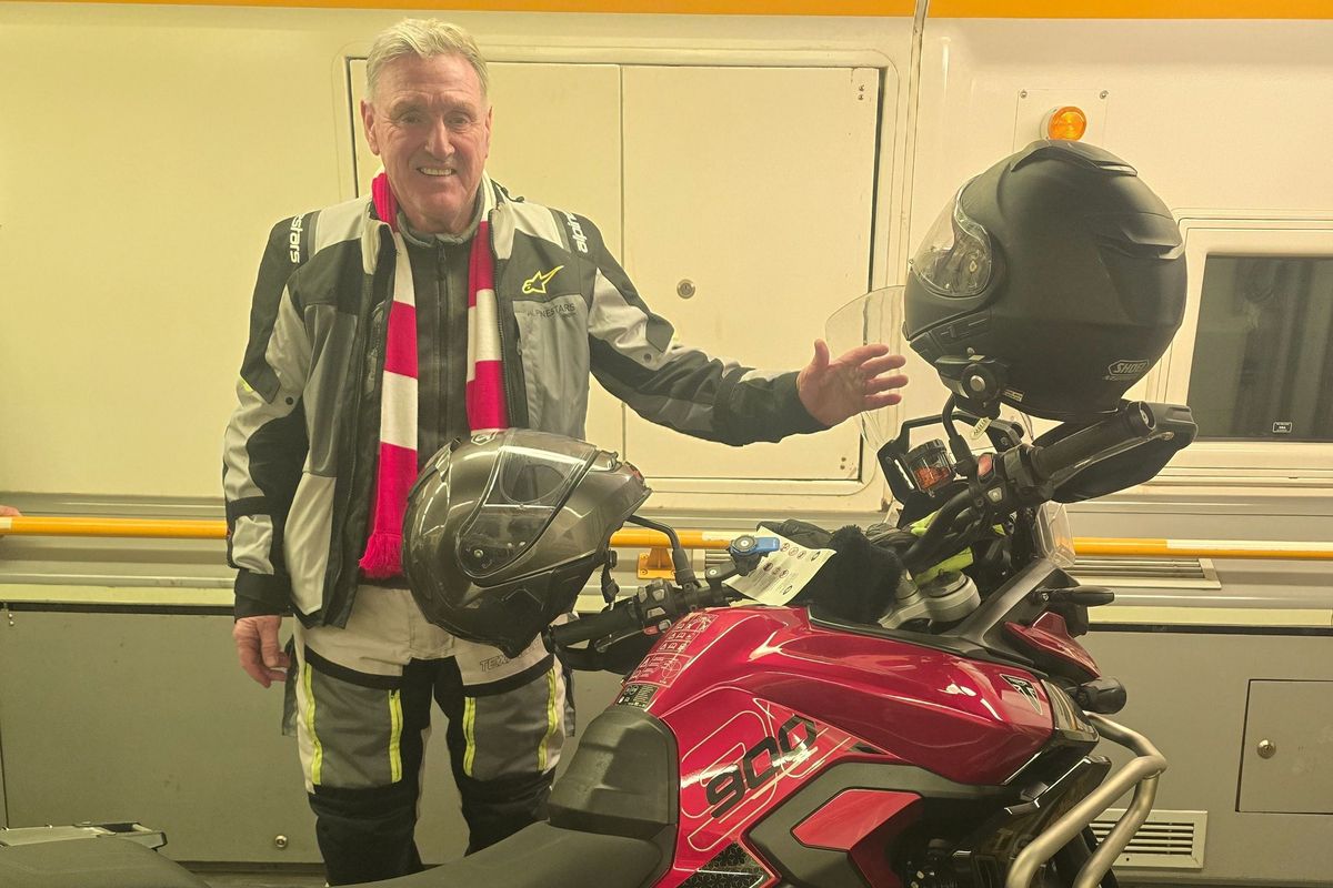 Steve Coldrick and his bike on a Eurotunnel train on his way to France