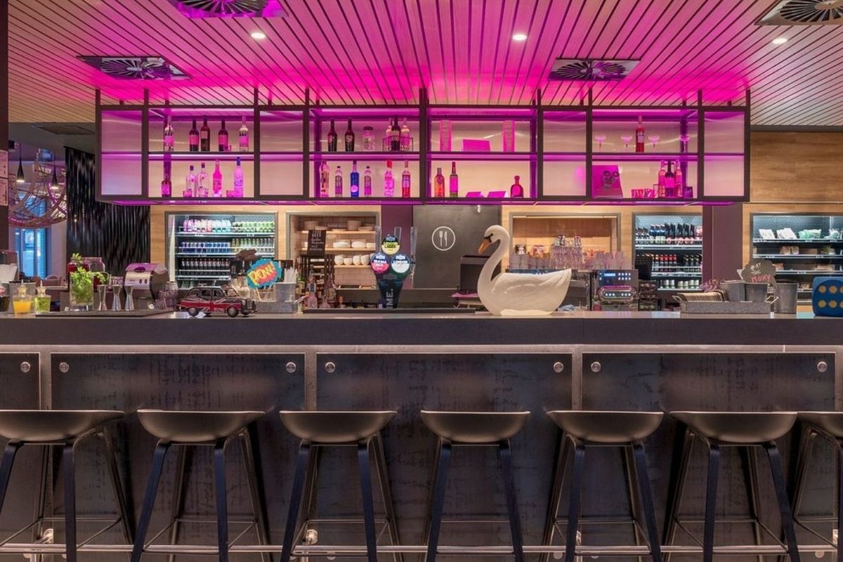 The bar at Moxy's London Excel hotel