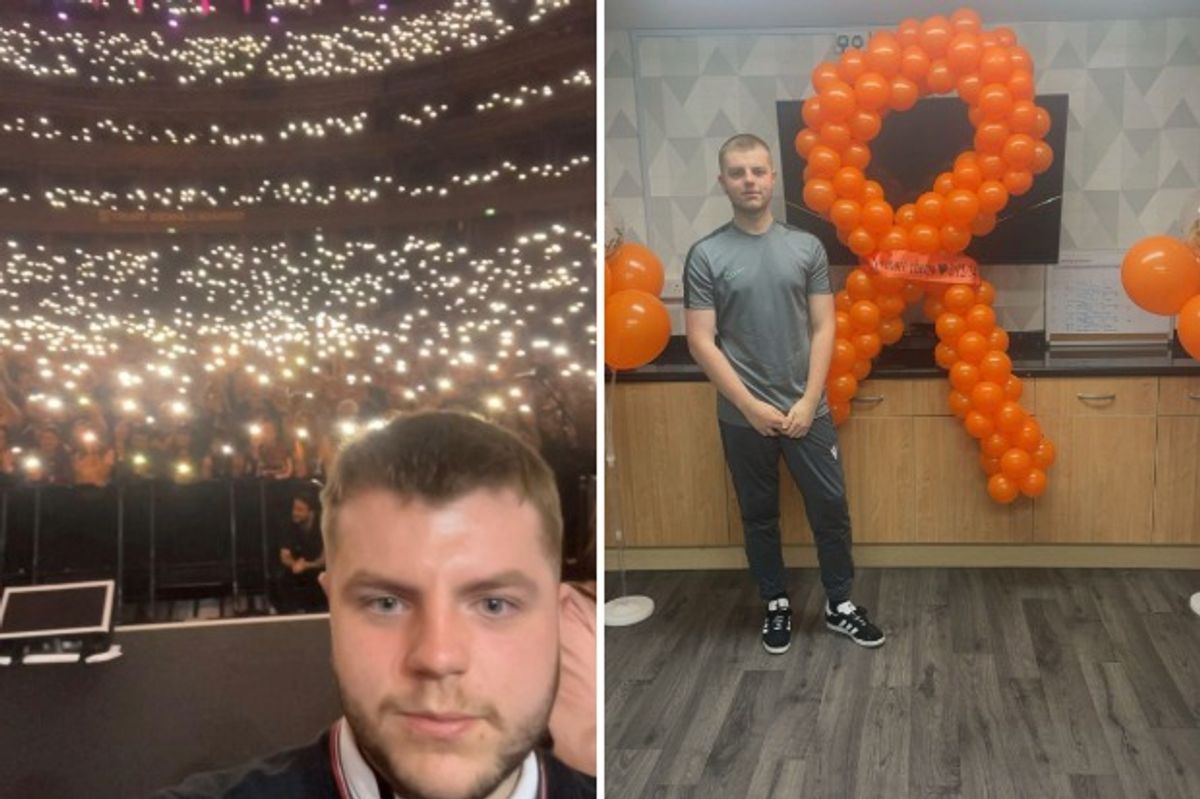 Harrison Eden on stage at the Royal Albert Hall, left, and pictured on his last day of cancer treatment