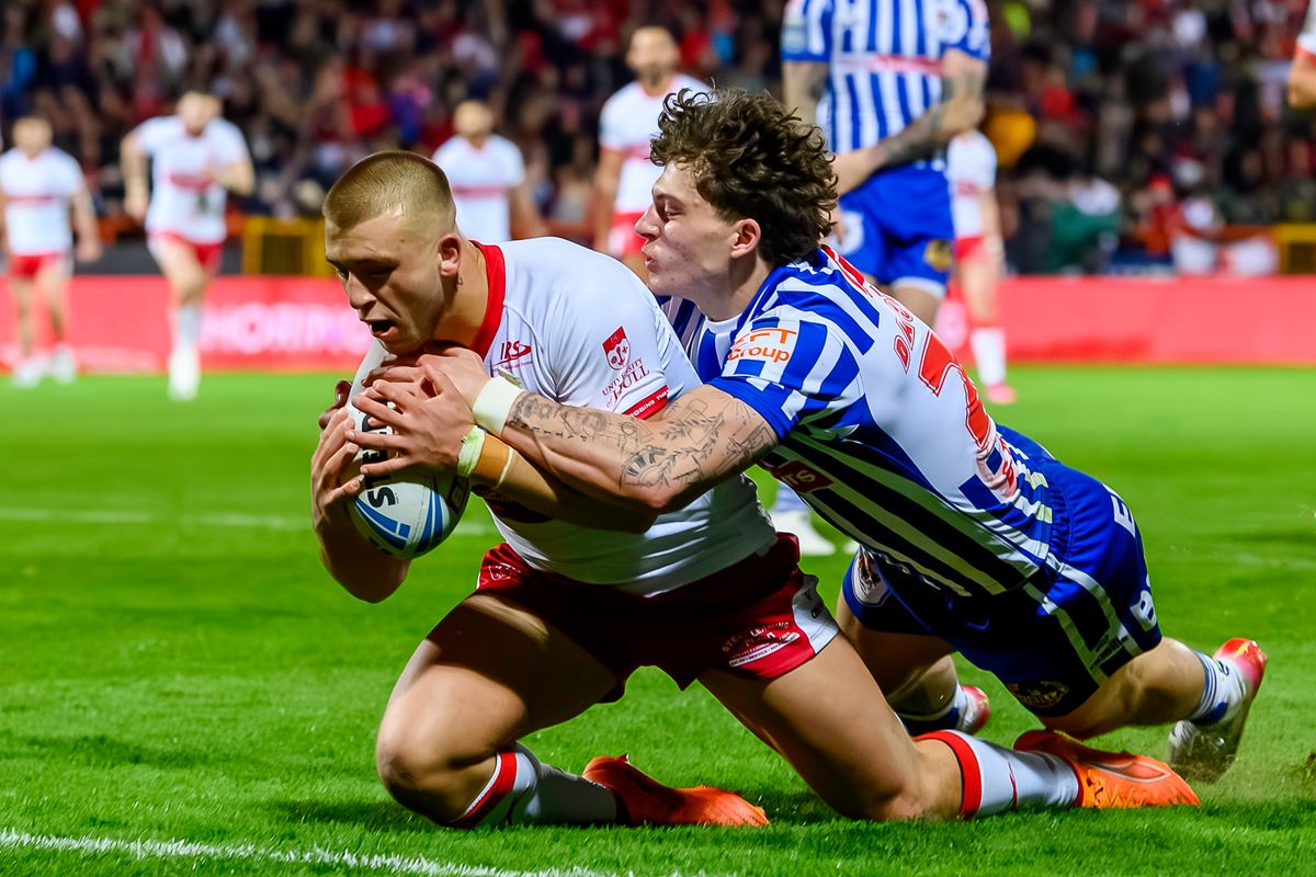 Hull KR's Mikey Lewis crossed for a hat-trick in the Super League Round Six win over St Helens.