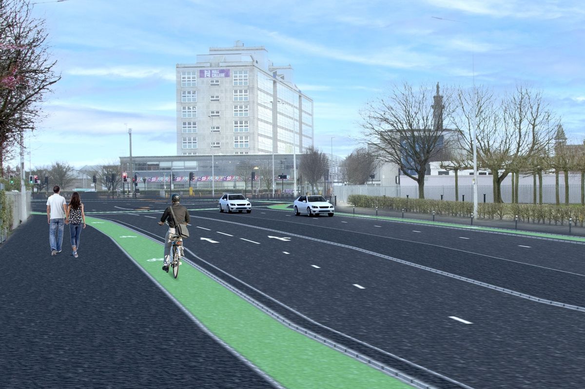 An artist’s impression of how the new off-road cycle scheme could look on Freetown Way, Hull