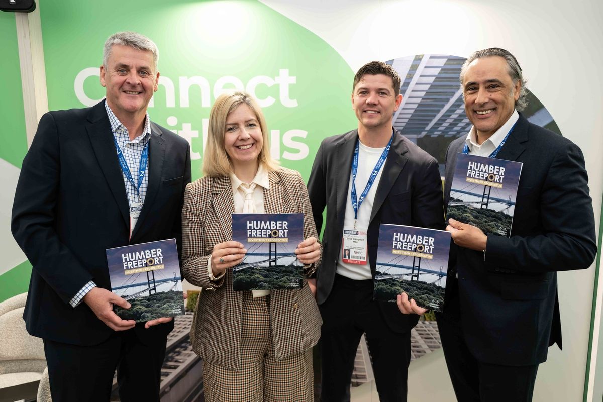 Left to right: Humber Freeport Chair Finbarr Dowling; Dame Andrea Jenkyns, Mayor of Greater Lincolnshire; Luke Campbell, Mayor of Hull and East Yorkshire; and Ibrahim Mohamed, Strategic Advisor at the Department for Business and Trade.