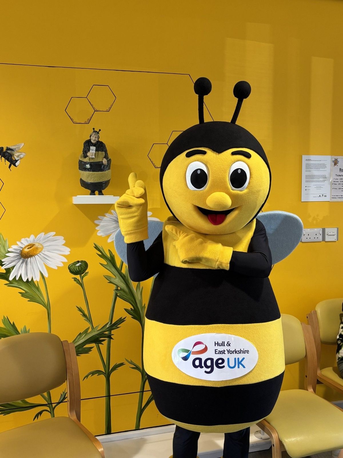 Bertie Bee, the mascot of Age UK Hull & East Yorkshire inspired by Jean Bishop, Hull's beloved Bee Lady