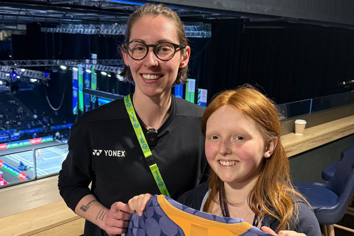 Kirsty Waugh, 11, with Kirsty Gilmour, the UK’s number one badminton player, who became the campaign’s first official “find”