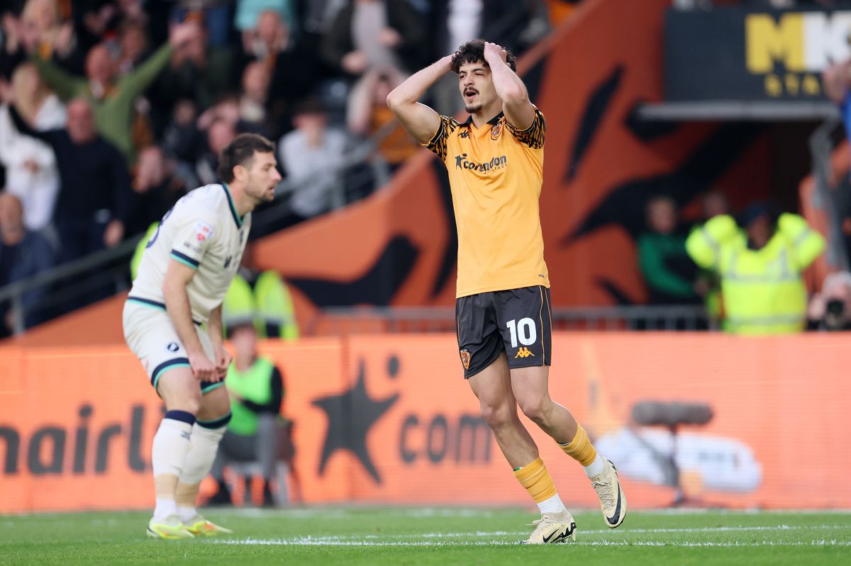 Hull City's Mohamed Belloumi (right) reacts after seeing his early effort hit the post