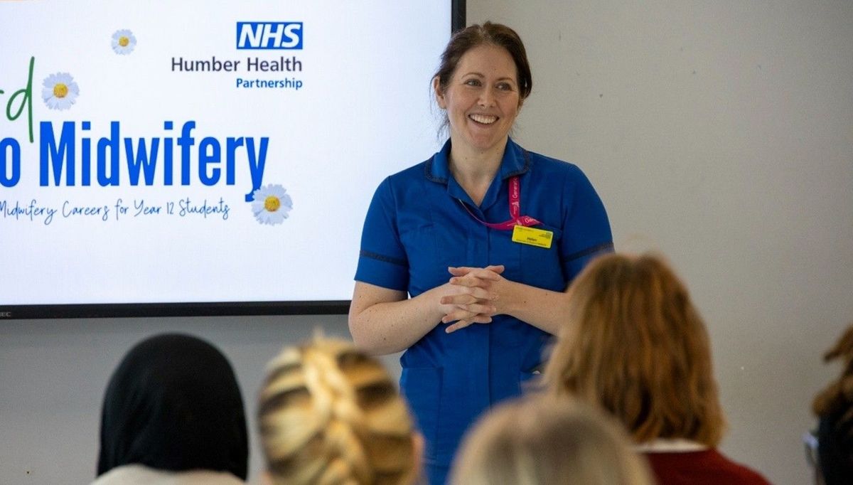 Helen Smith, recruitment, retention and pastoral lead midwife, addresses students at the first Springboard to Midwifery event 