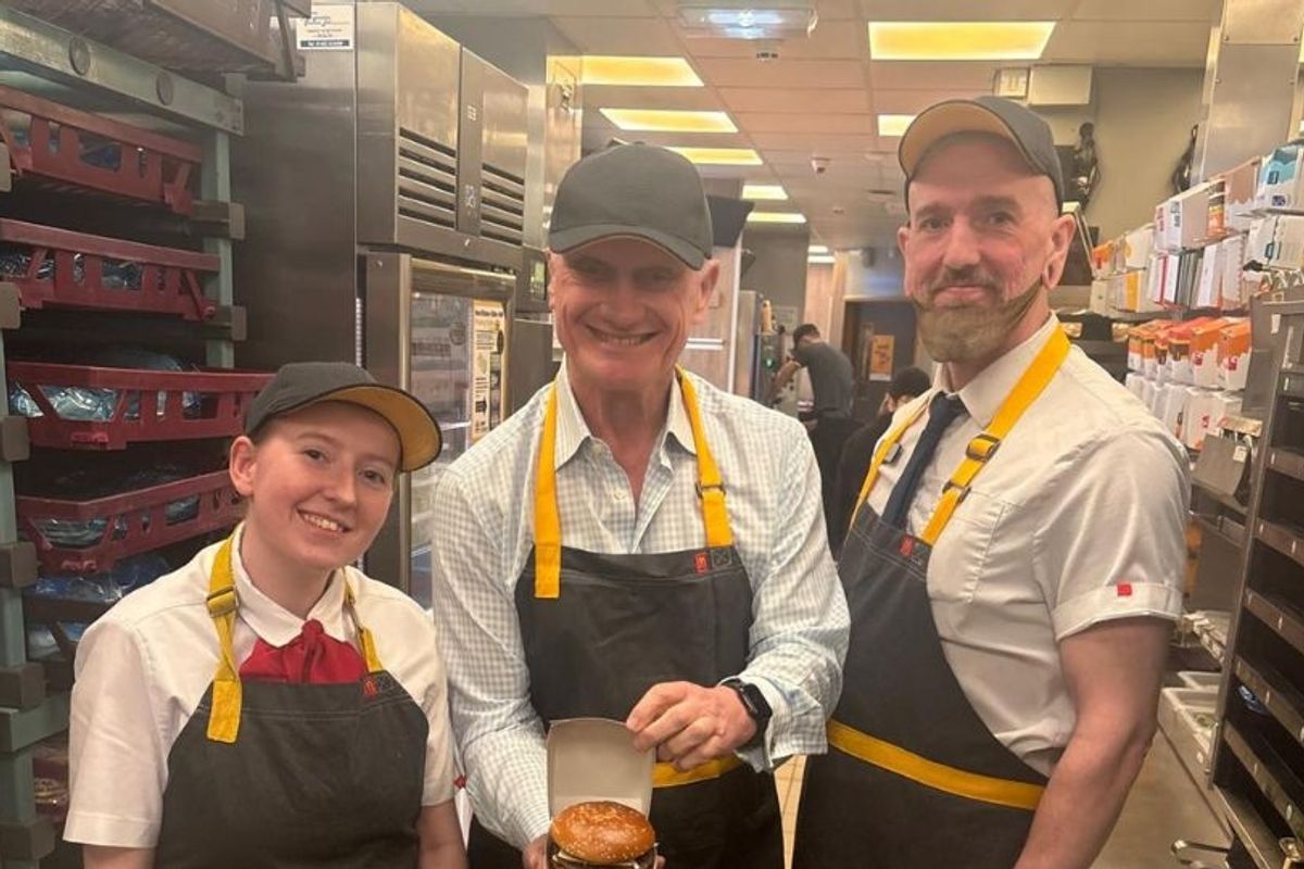 Lovin' it at McDonald's in Beverley is the Beverley and Holderness MP Graham Stuart, centre, who went behind the scenes and prepared his own burger with the help of Dan and Chelsea