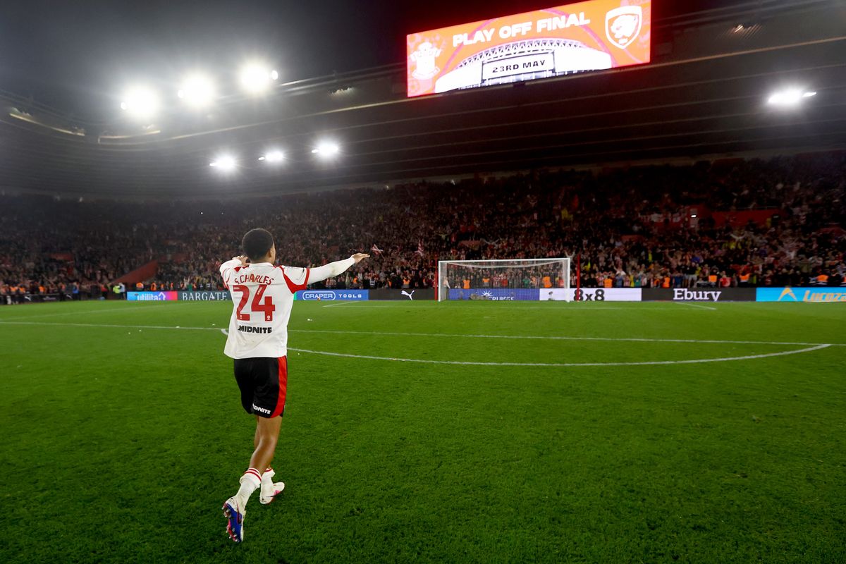 Shea Charles celebrates the semi-final win over Middlesbrough