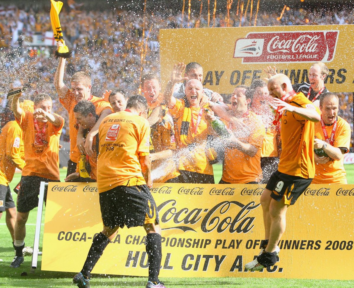 Dean Windass leads the celebrations after firing the Tigers to the Premier League in 2008