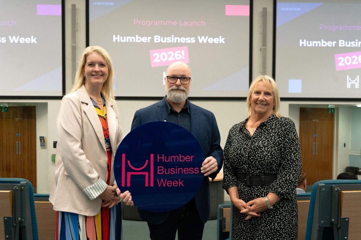 Dr Alan Raw with Emma Calverley (left) of the University of Hull and Pat Coyle, Chair of Humber Business Week.