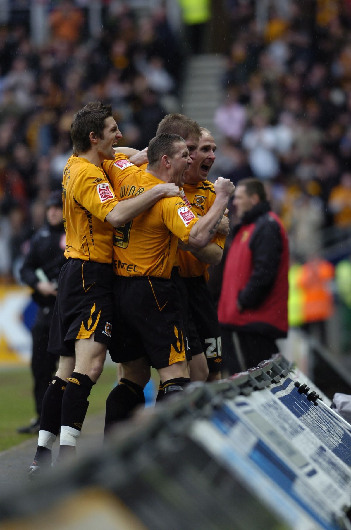 Hull City v Watford in 2008. City players, Sam Ricketts, Dean Windass and Henrik Pedersen celebrate Michael Turner's first minute goal