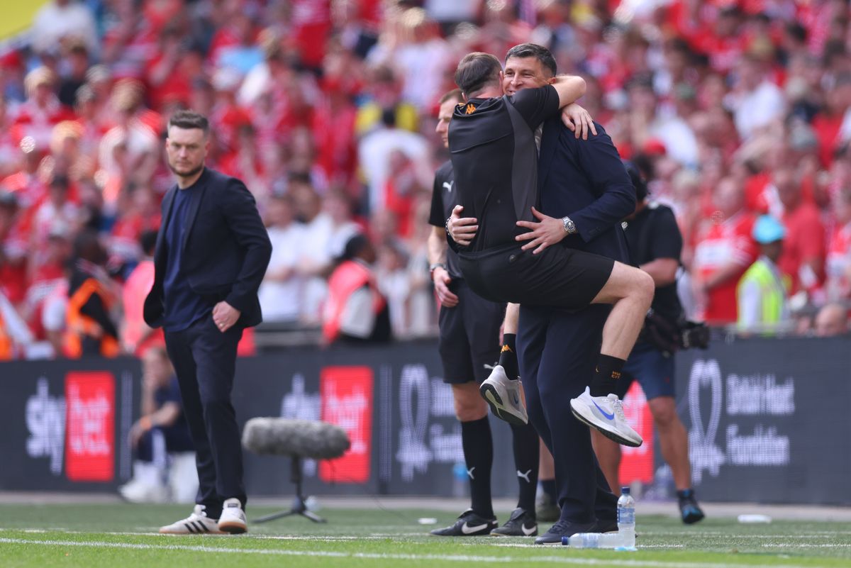 Sergej Jakirovic and Marko Salatovic celebrating at Wembley