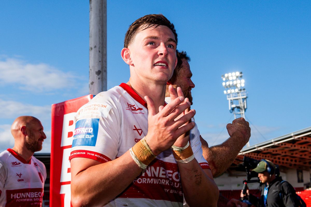 Hull KR's Jack Broadbent celebrates victory over Warrington Wolves