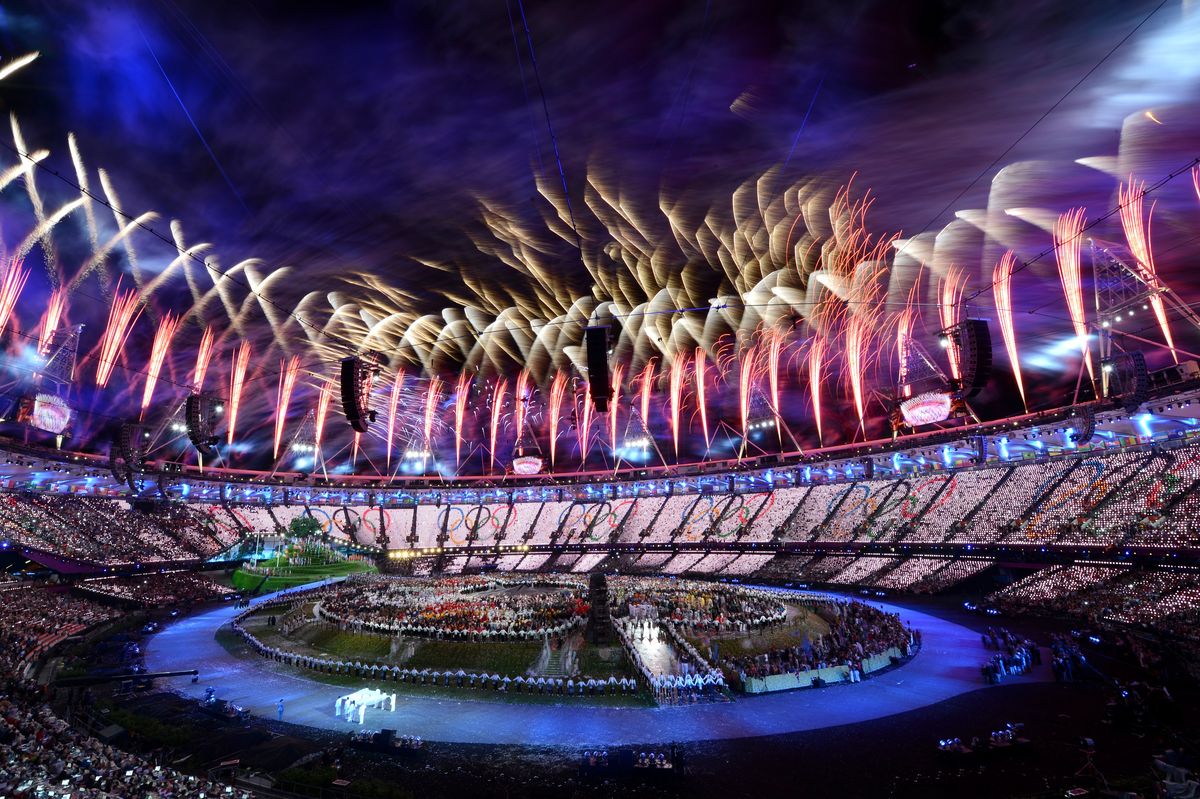 Fireworks over a stadium.