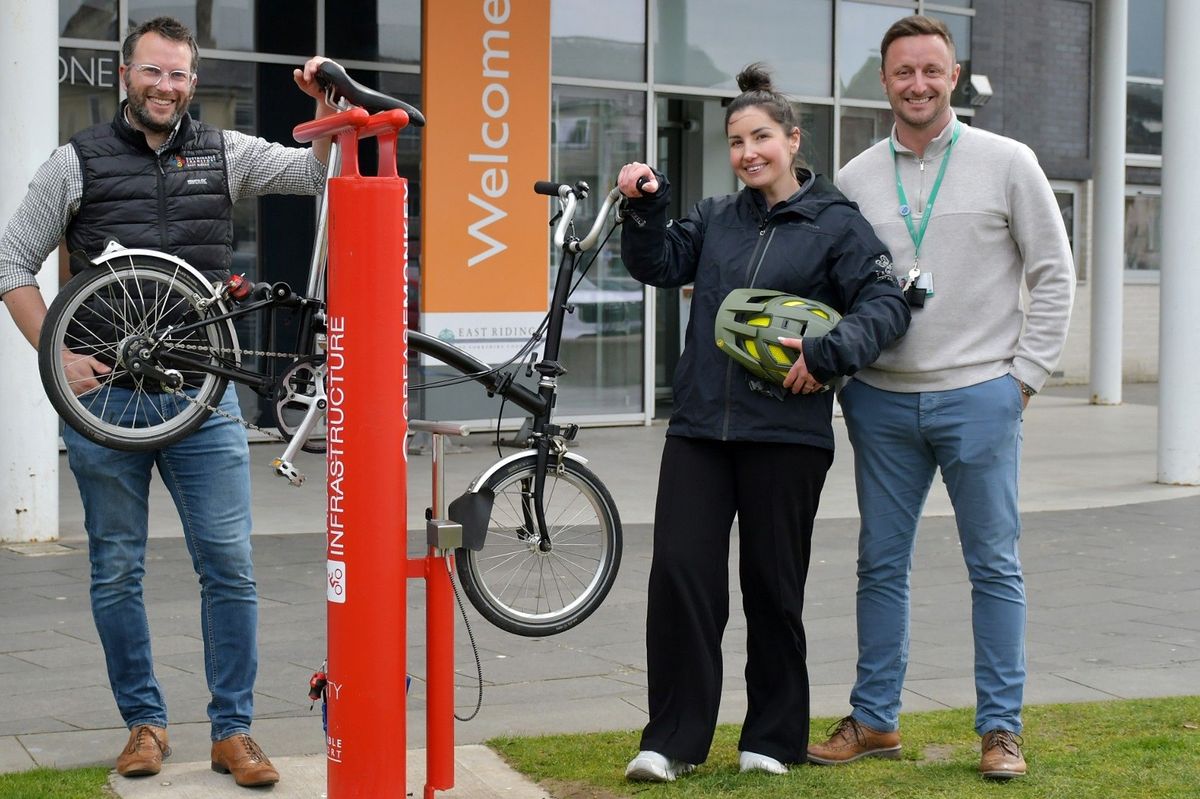A new cycle repair station is launched at East Riding Leisure Bridlington by Steve Wigley, the council’s principal officer for road safety (sustainable transport), Hayley Crawford, customer service assistant at the centre, and its general manager Russell Robinson
