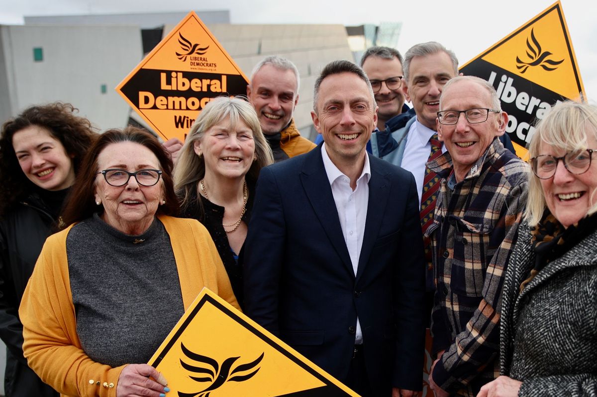 Lib Dems celebrating retaining leadership of Hull City Council, with council leader Cllr Mike Ross centre