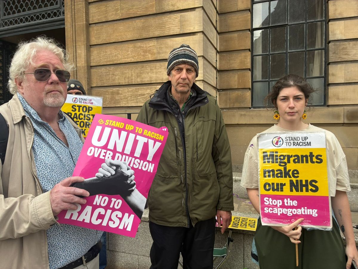 Some of the dozen or so Stand Up To Racism protesters outside Guildhall, Hull, on May 21