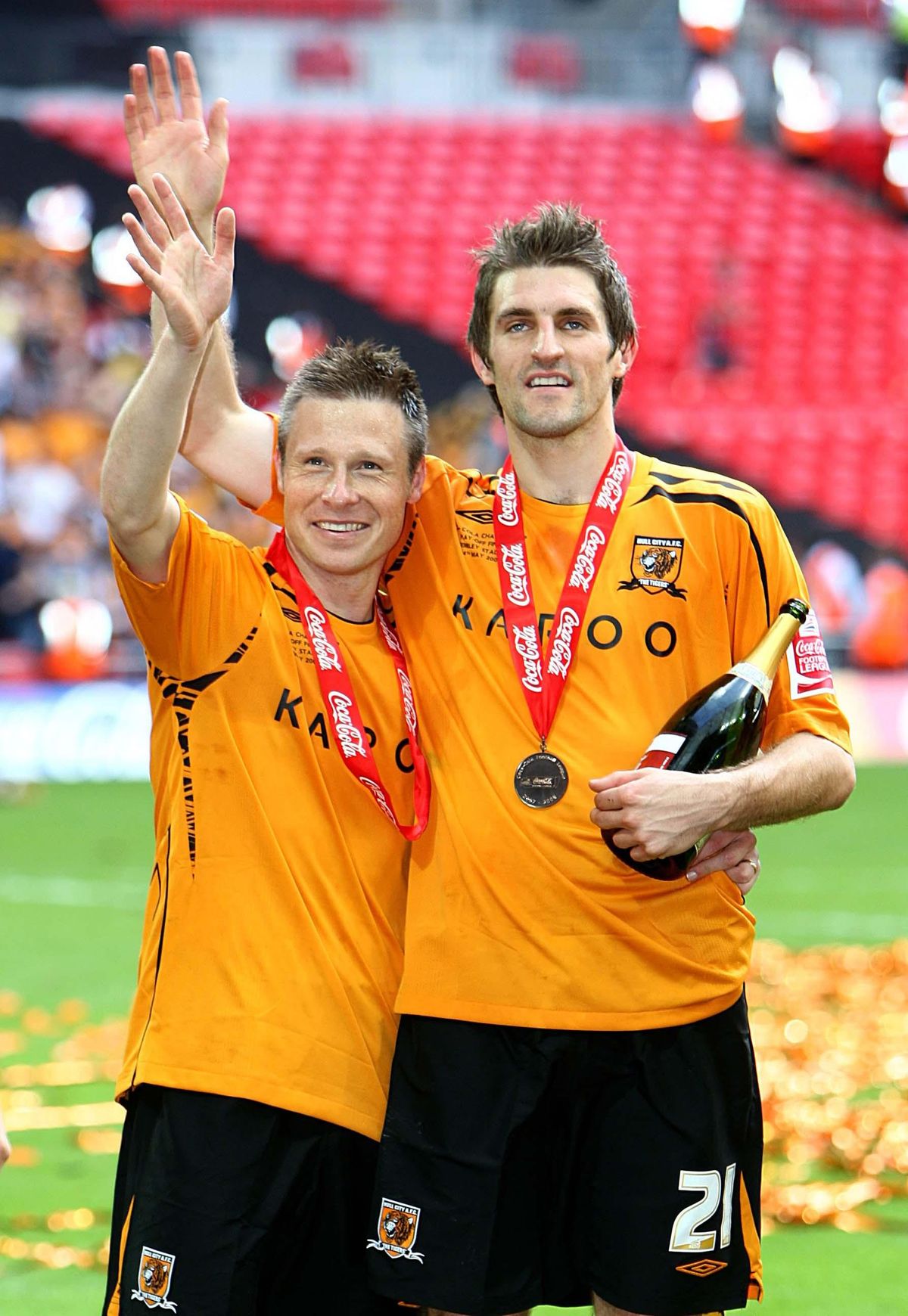 DURING HIS HULL CITY DAYS: Sam Ricketts with Nick Barmby after the Tigers' Wembley play-off win over Bristol City in 2008.